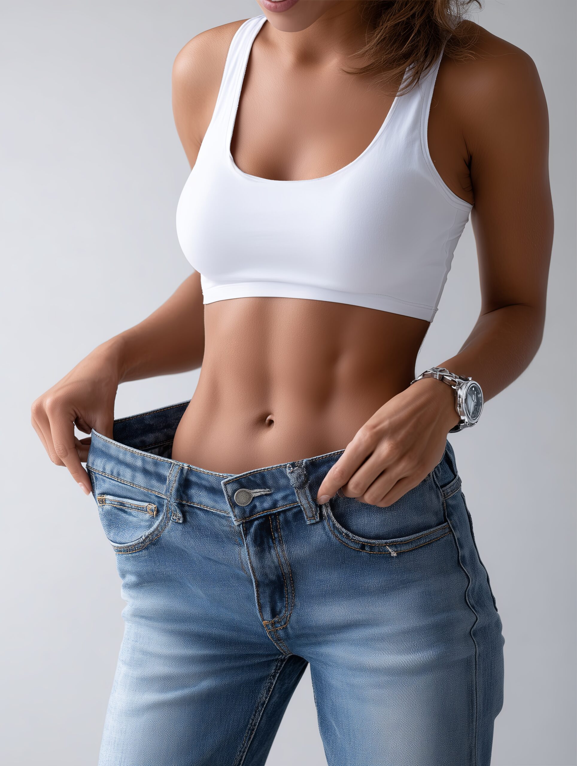 A woman stands confidently, holding up her oversized jeans away from her body. She wears a white fitted top, showcasing her toned midsection. The indoor lighting highlights her figure.